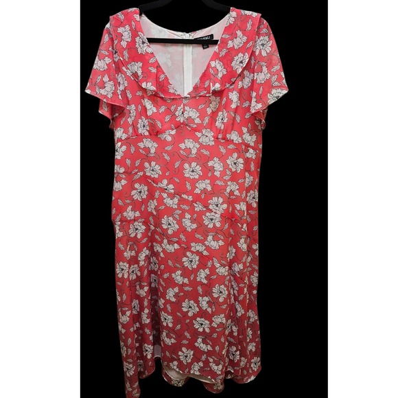 Roz & Ali Floral Midi Dress Ruffle Neck Short Sleeve Pink White‎ 14 - Picture 1 of 8